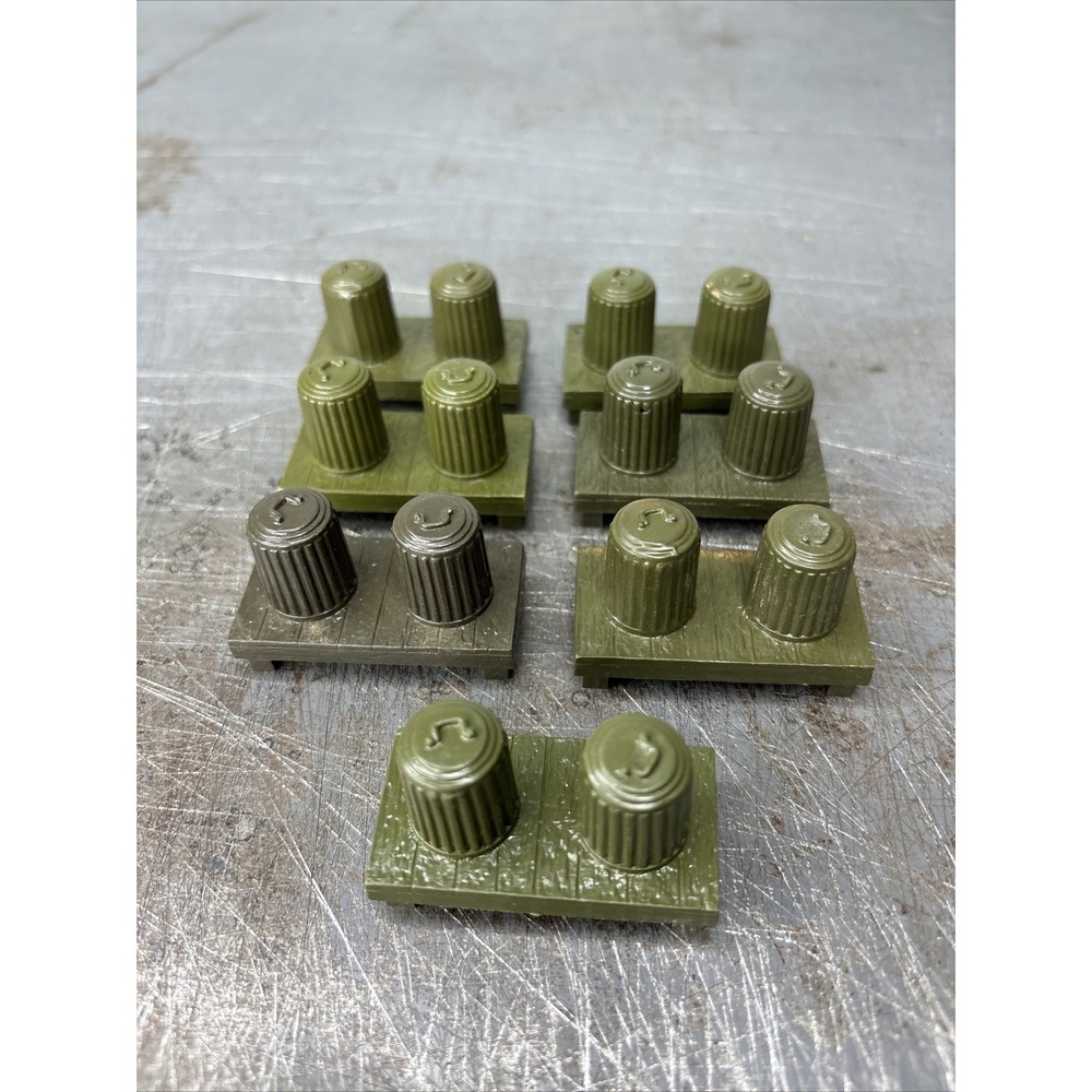 Lot Of 7 Vintage Marx 1960's Army‎ Camp Garbage Cans on Stand in Green Plastic